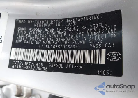 2008 Toyota Avalon Xls из США, поврежденный, VIN 4T1BK36B58U258074